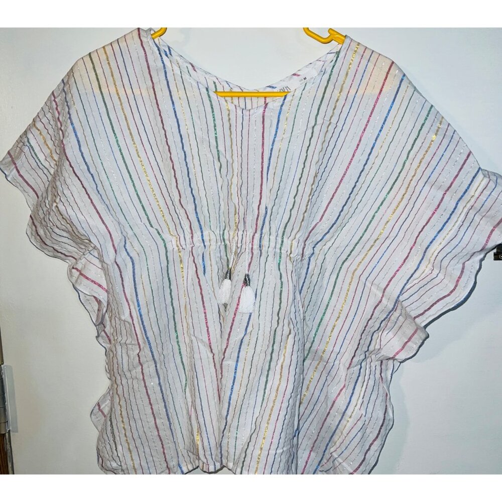 Zara Glittery Striped Poncho Top With Tassels - M